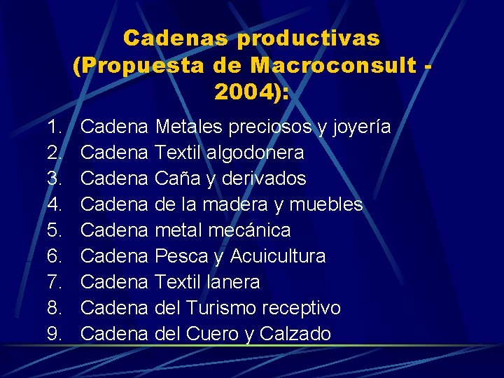 Cadenas productivas (Propuesta de Macroconsult 2004): 1. 2. 3. 4. 5. 6. 7. 8.