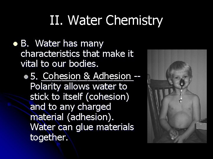 II. Water Chemistry l B. Water has many characteristics that make it vital to