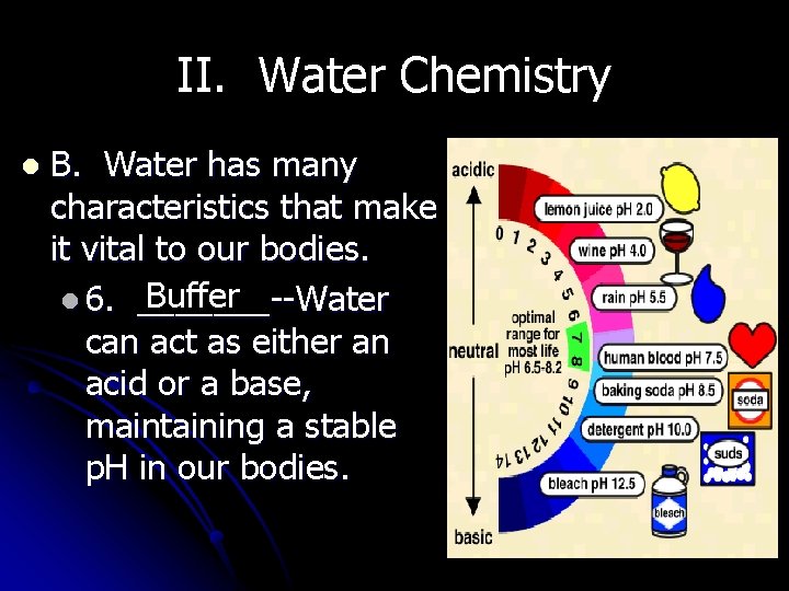 II. Water Chemistry l B. Water has many characteristics that make it vital to II. Water Chemistry l B. Water has many characteristics that make it vital to