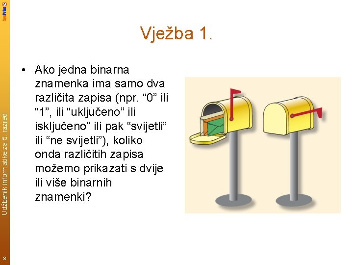 Udžbenik informatike za 5. razred Vježba 1. 8 • Ako jedna binarna znamenka ima