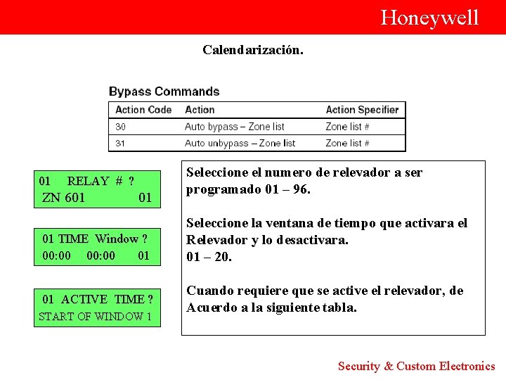  Honeywell Calendarización. Seleccione el numero de relevador a ser programado 01 – 96.