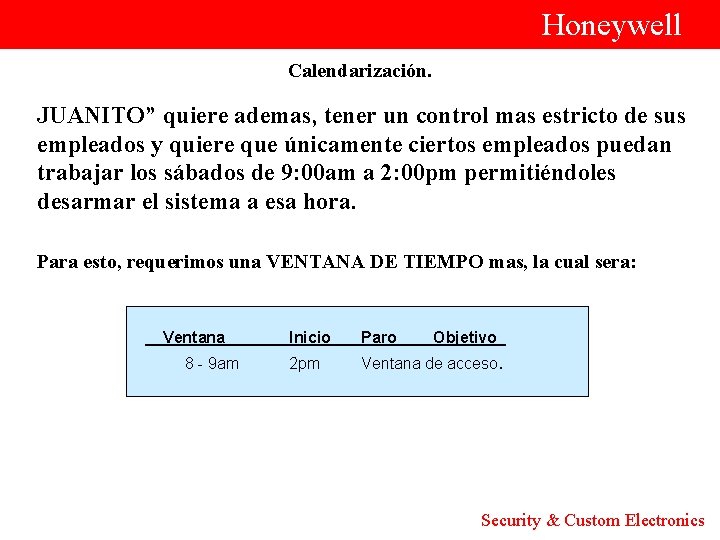 Honeywell Calendarización. JUANITO” quiere ademas, tener un control mas estricto de sus empleados