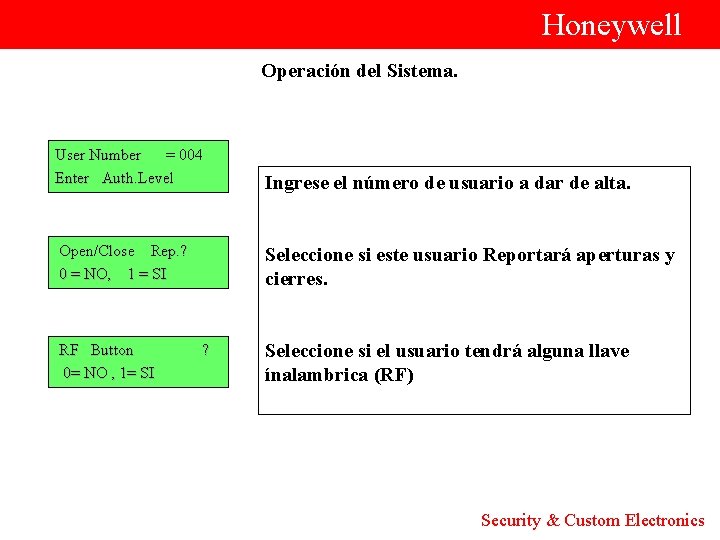  Honeywell Operación del Sistema. User Number = 004 Enter Auth. Level Ingrese el