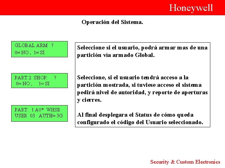  Honeywell Operación del Sistema. GLOBAL ARM ? Seleccione si el usuario, 0= NO
