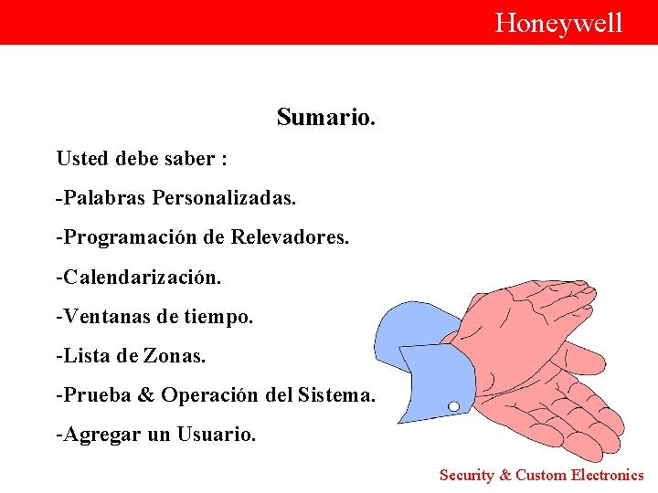  Honeywell Sumario. Usted debe saber : -Palabras Personalizadas. -Programación de Relevadores. -Calendarización. -Ventanas