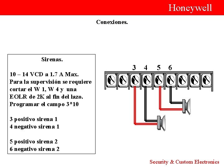  Honeywell Conexiones. Sirenas. 10 – 14 VCD a 1. 7 A Max. Para