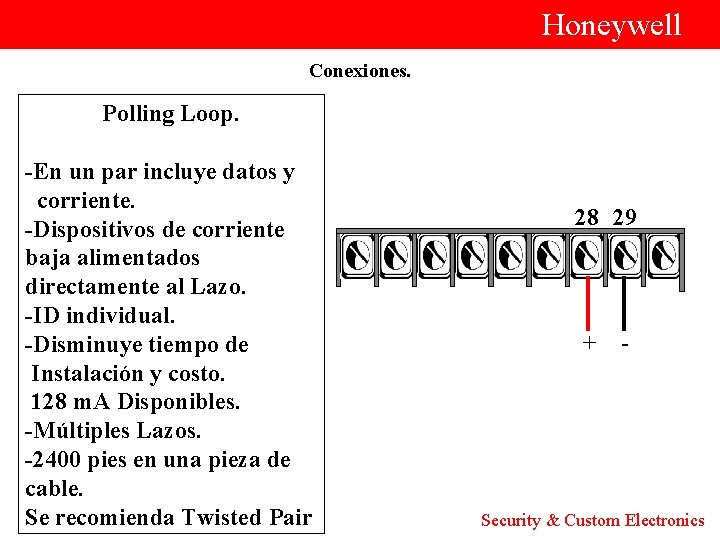  Honeywell Conexiones. Polling Loop. -En un par incluye datos y corriente. -Dispositivos de
