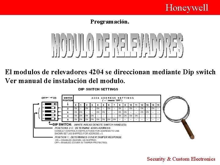  Honeywell Programación. El modulos de relevadores 4204 se direccionan mediante Dip switch Ver