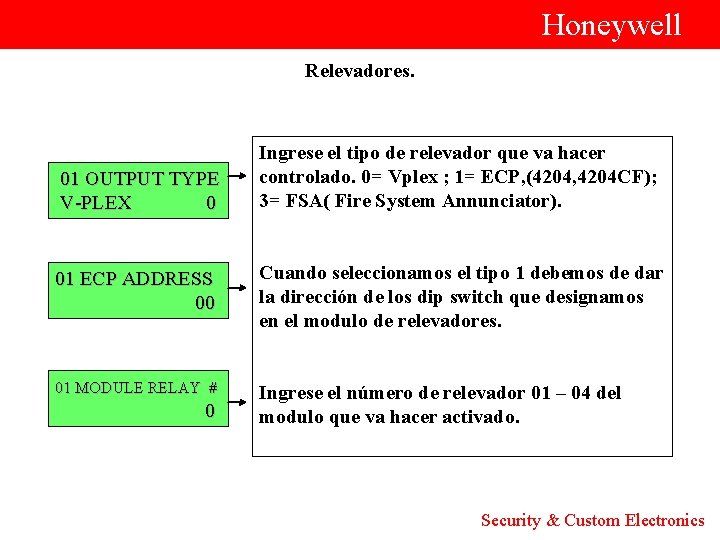  Honeywell Relevadores. Ingrese el tipo de relevador que va hacer controlado. 0= Vplex