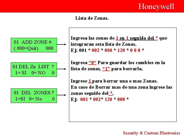  Honeywell Lista de Zonas. Ingresa las zonas de 1 en 1 seguido del