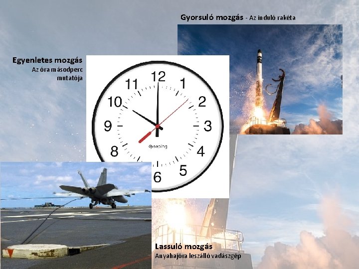 Gyorsuló mozgás - Az induló rakéta Egyenletes mozgás Az óra másodperc mutatója Lassuló mozgás