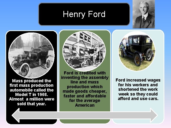 Henry Ford Mass produced the first mass production automobile called the Model T in