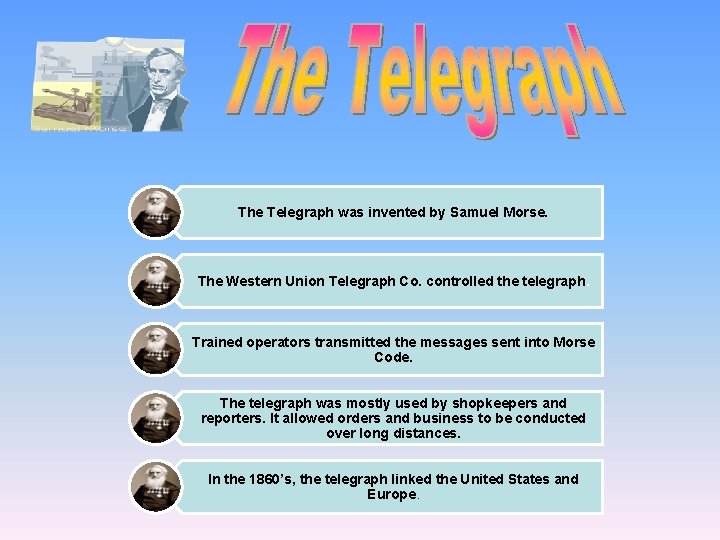 The Telegraph was invented by Samuel Morse. The Western Union Telegraph Co. controlled the