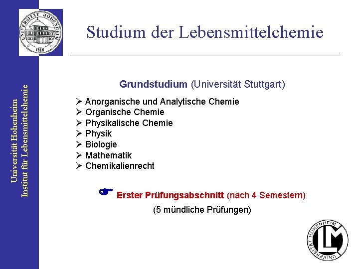 Universität Hohenheim Institut für Lebensmittelchemie Studium der Lebensmittelchemie Grundstudium (Universität Stuttgart) Ø Anorganische und