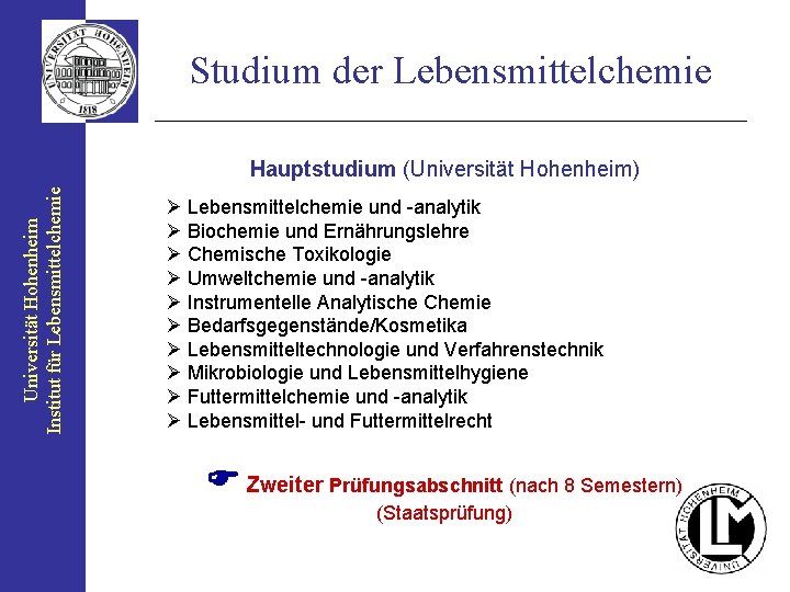 Studium der Lebensmittelchemie Universität Hohenheim Institut für Lebensmittelchemie Hauptstudium (Universität Hohenheim) Ø Lebensmittelchemie und