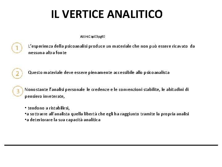 IL VERTICE ANALITICO Attint. Cap 03 pg 40 L’esperienza della psicoanalisi produce un materiale