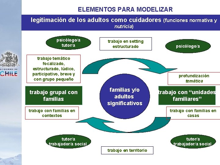 ELEMENTOS PARA MODELIZAR legitimación de los adultos como cuidadores (funciones normativa y nutricia) psicólogo/a