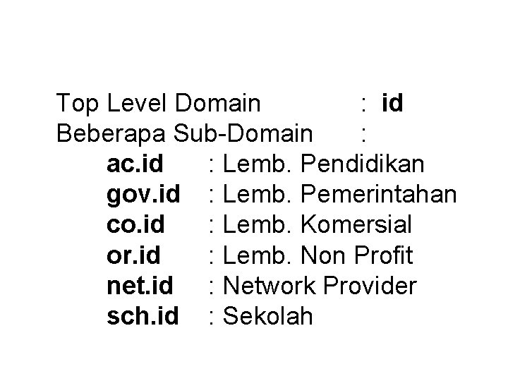 Top Level Domain : id Beberapa Sub-Domain : ac. id : Lemb. Pendidikan gov.