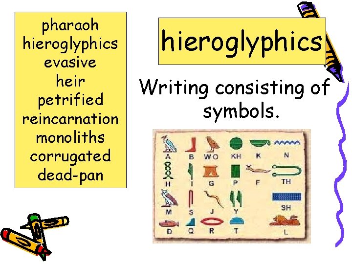 pharaoh hieroglyphics evasive heir petrified reincarnation monoliths corrugated dead-pan hieroglyphics Writing consisting of symbols.