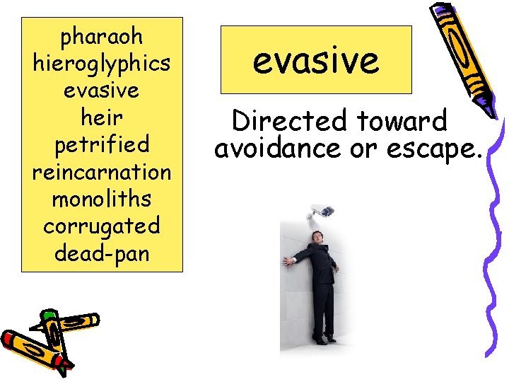 pharaoh hieroglyphics evasive heir petrified reincarnation monoliths corrugated dead-pan evasive Directed toward avoidance or