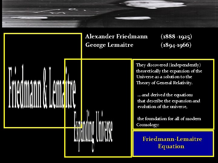 Alexander Friedmann George Lemaitre (1888 -1925) (1894 -1966) They discovered (independently) theoretically the expansion