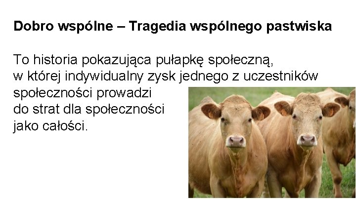 Dobro wspólne – Tragedia wspólnego pastwiska To historia pokazująca pułapkę społeczną, w której indywidualny