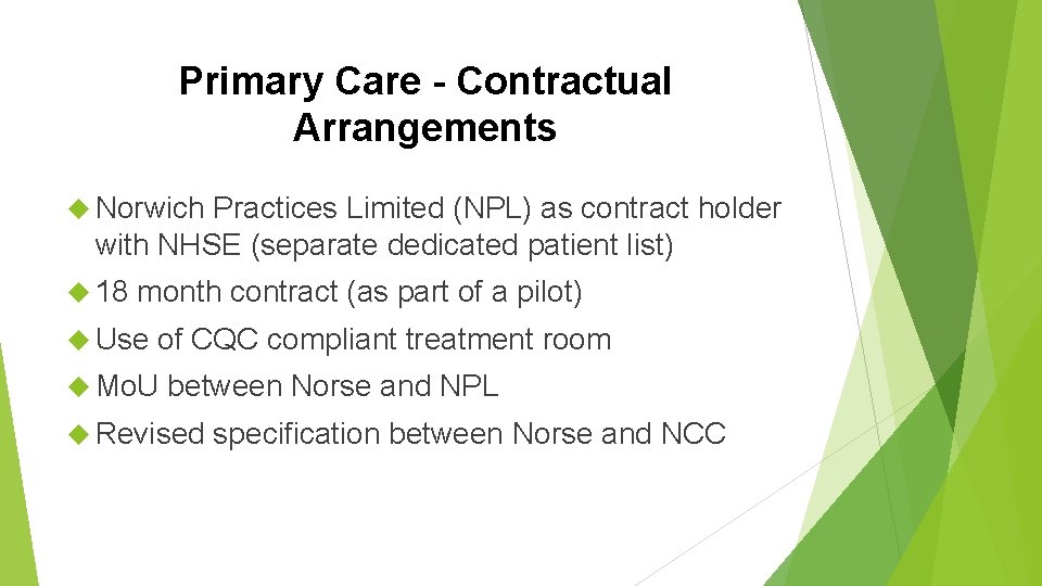 Primary Care - Contractual Arrangements Norwich Practices Limited (NPL) as contract holder with NHSE