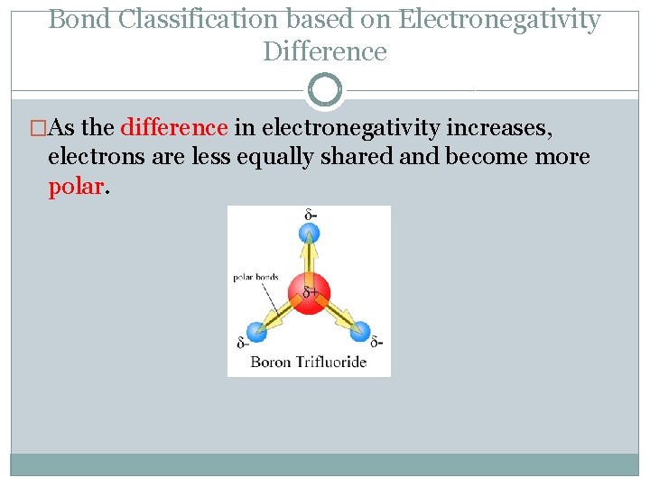Bond Classification based on Electronegativity Difference �As the difference in electronegativity increases, electrons are