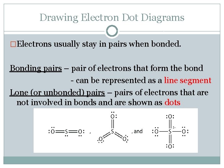 Drawing Electron Dot Diagrams �Electrons usually stay in pairs when bonded. Bonding pairs –