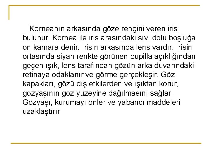 Korneanın arkasında göze rengini veren iris bulunur. Kornea ile iris arasındaki sıvı dolu boşluğa