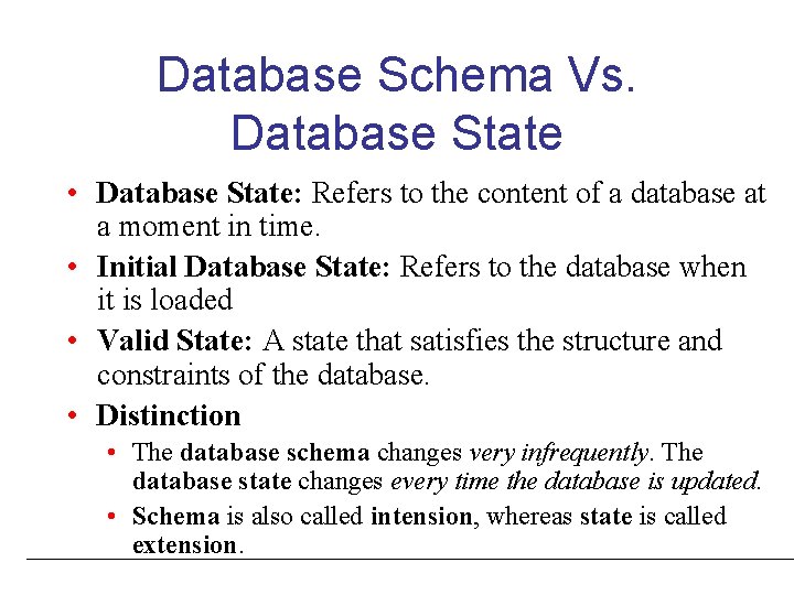 Database Schema Vs. Database State • Database State: Refers to the content of a Database Schema Vs. Database State • Database State: Refers to the content of a