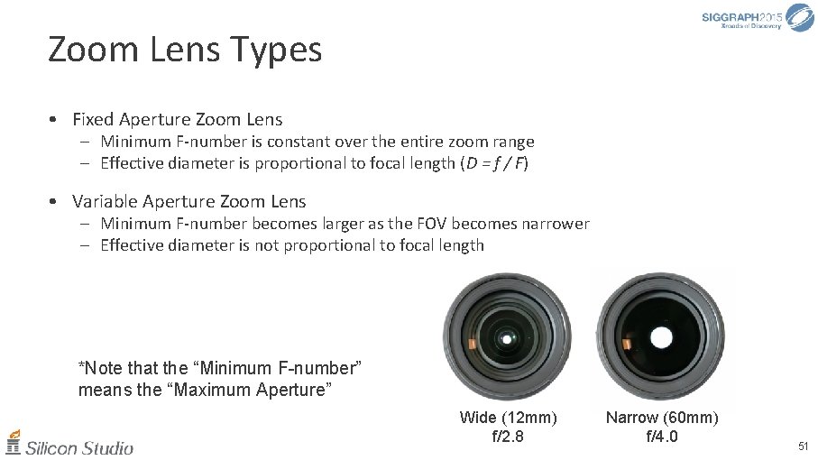 Zoom Lens Types • Fixed Aperture Zoom Lens – Minimum F-number is constant over