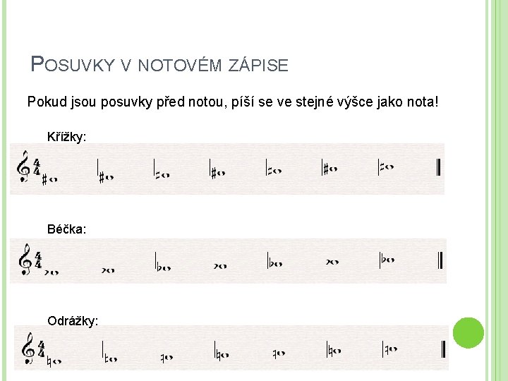 POSUVKY V NOTOVÉM ZÁPISE Pokud jsou posuvky před notou, píší se ve stejné výšce