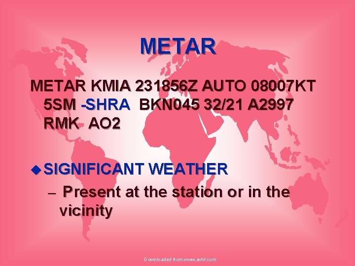 METAR KMIA 231856 Z AUTO 08007 KT 5 SM -SHRA BKN 045 32/21 A