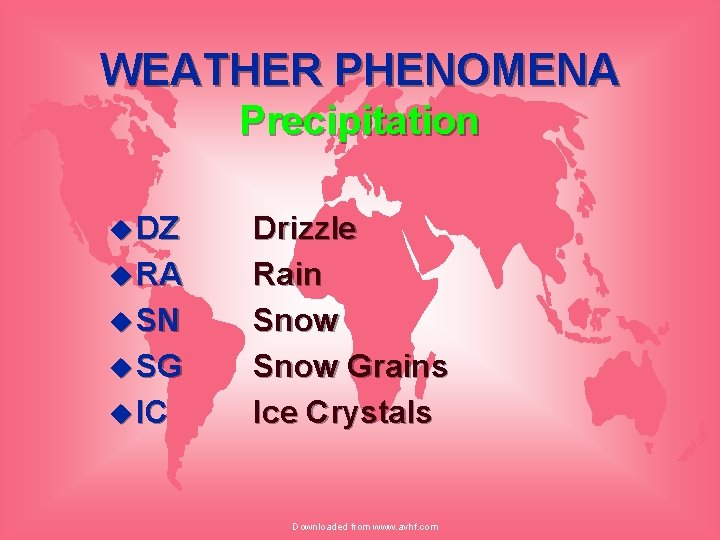 WEATHER PHENOMENA Precipitation u DZ u RA u SN u SG u IC Drizzle