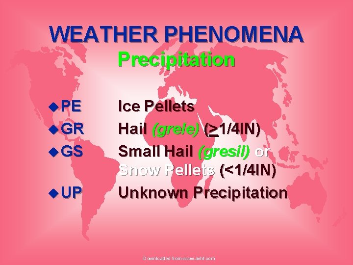 WEATHER PHENOMENA Precipitation u PE u GR u GS u UP Ice Pellets Hail