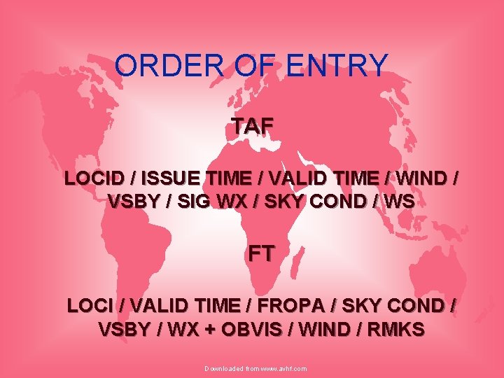 ORDER OF ENTRY TAF LOCID / ISSUE TIME / VALID TIME / WIND /