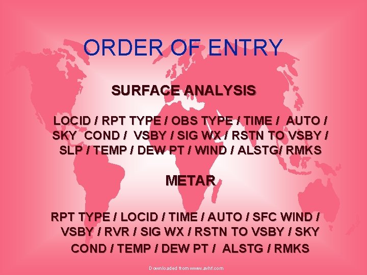 ORDER OF ENTRY SURFACE ANALYSIS LOCID / RPT TYPE / OBS TYPE / TIME