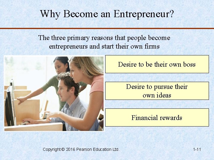 Why Become an Entrepreneur? The three primary reasons that people become entrepreneurs and start