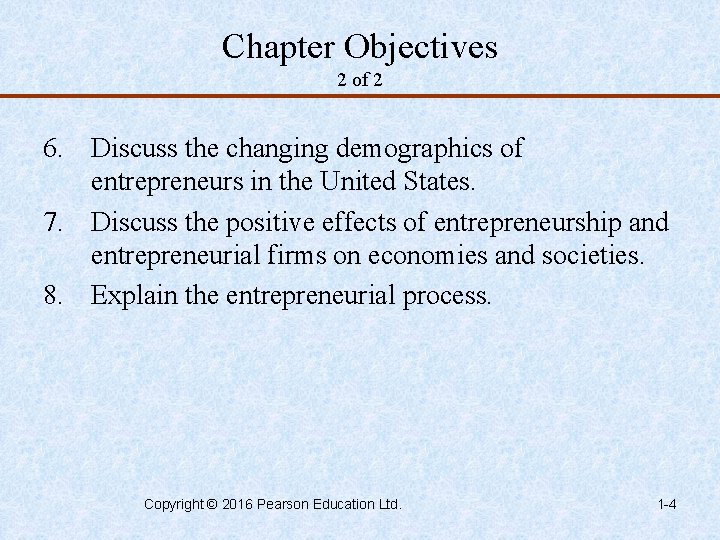 Chapter Objectives 2 of 2 6. Discuss the changing demographics of entrepreneurs in the