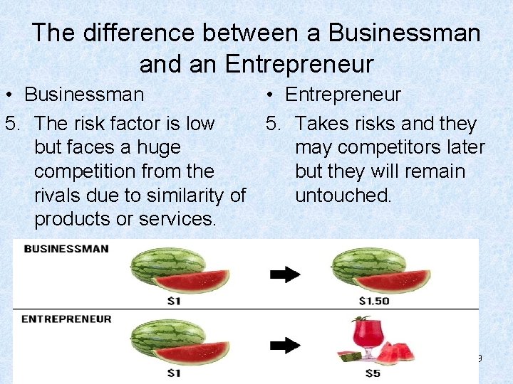 The difference between a Businessman and an Entrepreneur • Businessman • Entrepreneur 5. The