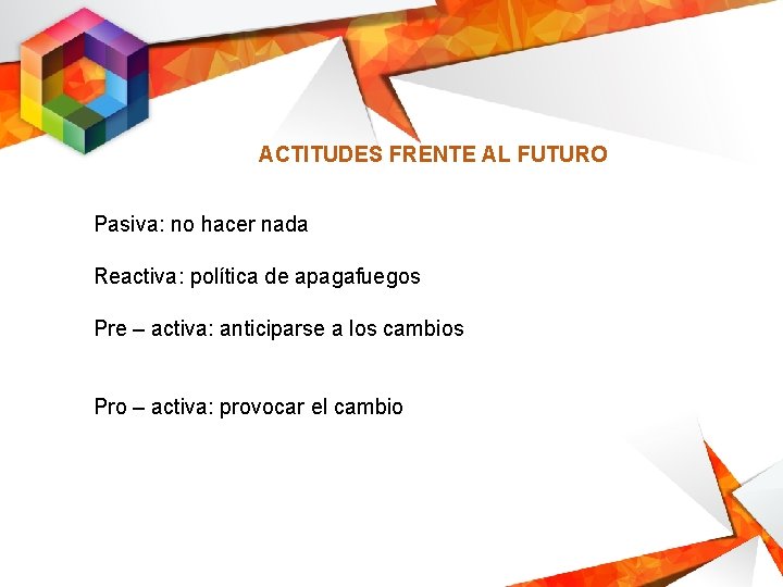 ACTITUDES FRENTE AL FUTURO Pasiva: no hacer nada Reactiva: política de apagafuegos Pre –