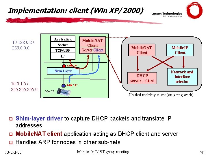 Implementation: client (Win XP/2000) 10. 128. 0. 2 / 255. 0. 0. 0 Application