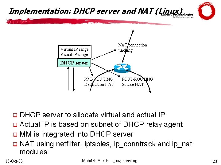 Implementation: DHCP server and NAT (Linux) Virtual IP range Actual IP range NAT connection