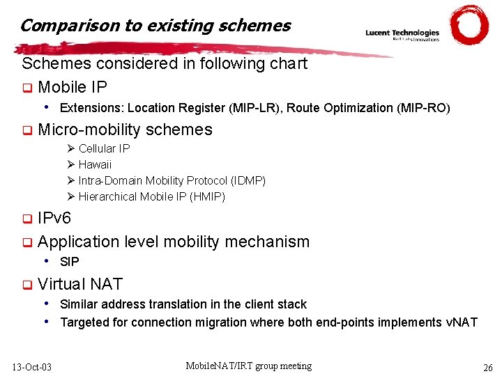 Comparison to existing schemes Schemes considered in following chart q Mobile IP • Extensions: