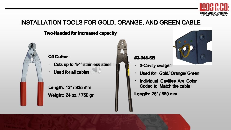 INSTALLATION TOOLS FOR GOLD, ORANGE, AND GREEN CABLE TWO-HANDED FOR INCREASED CAPACITY C 9