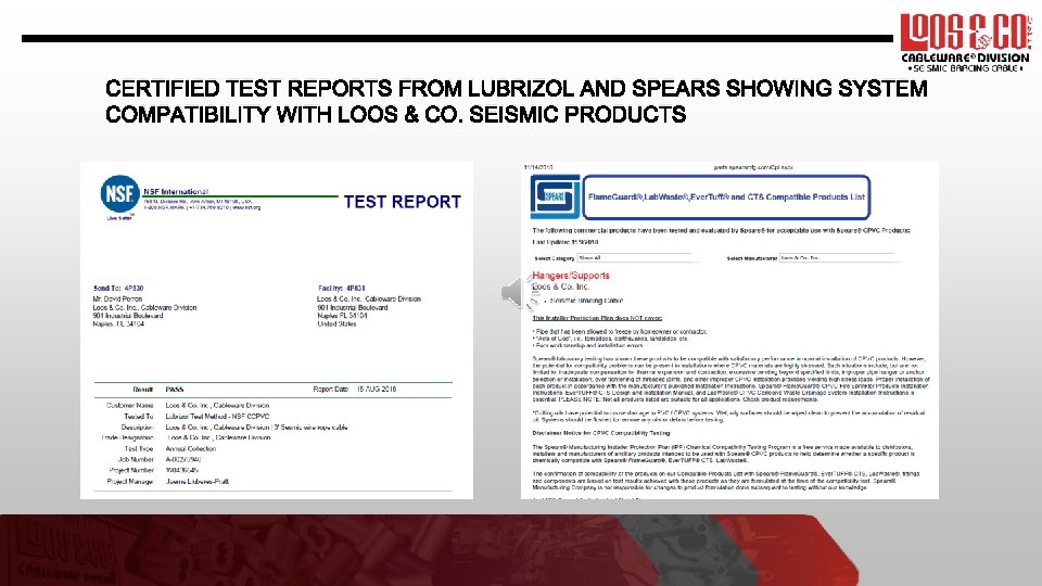 CERTIFIED TEST REPORTS FROM LUBRIZOL AND SPEARS SHOWING SYSTEM COMPATIBILITY WITH LOOS & CO.