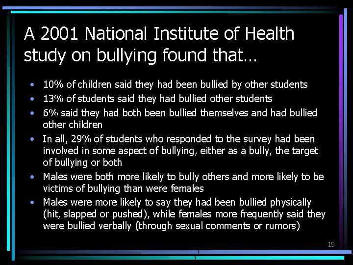 A 2001 National Institute of Health study on bullying found that… • 10% of