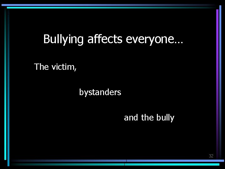 Bullying affects everyone… The victim, bystanders and the bully 32 