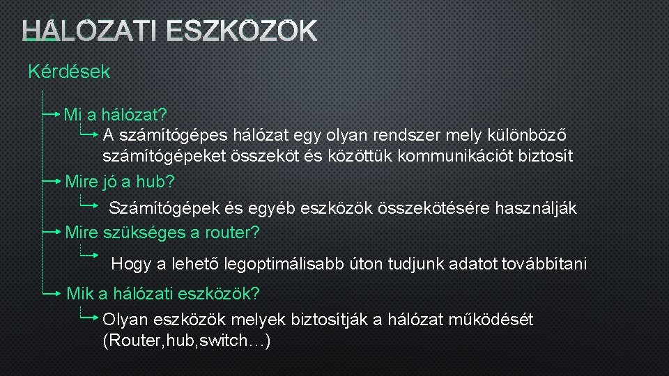 HÁLÓZATI ESZKÖZÖK Kérdések Mi a hálózat? A számítógépes hálózat egy olyan rendszer mely különböző